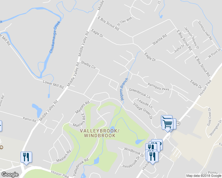 map of restaurants, bars, coffee shops, grocery stores, and more near 1626 Brandi Lane in Chattanooga