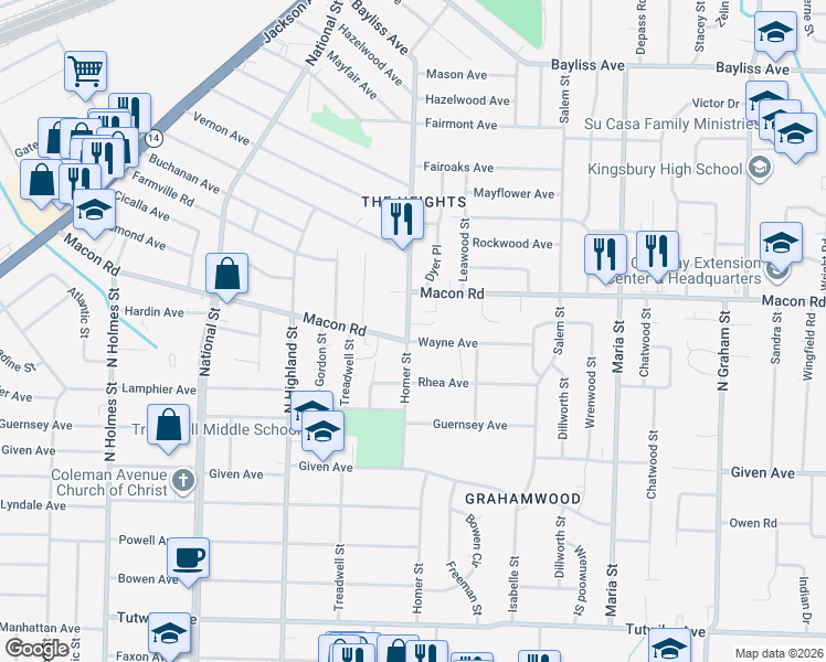 map of restaurants, bars, coffee shops, grocery stores, and more near 1068 Homer Street in Memphis