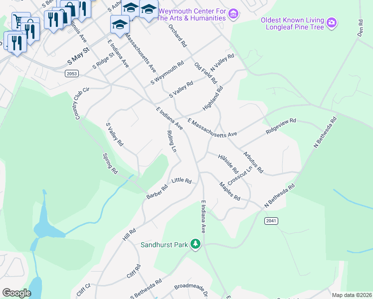 map of restaurants, bars, coffee shops, grocery stores, and more near 145 Riding Lane in Southern Pines