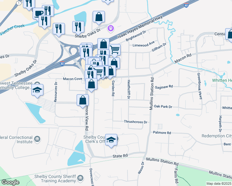 map of restaurants, bars, coffee shops, grocery stores, and more near 1318 Garden Road in Memphis