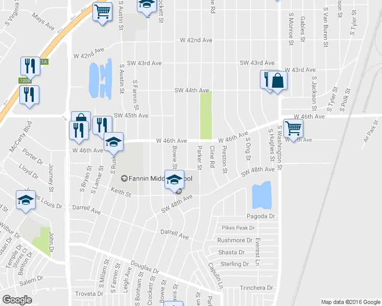 map of restaurants, bars, coffee shops, grocery stores, and more near 4611 South Travis Street in Amarillo