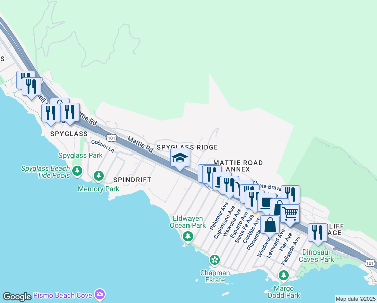 map of restaurants, bars, coffee shops, grocery stores, and more near 1933 Costa Brava in Pismo Beach