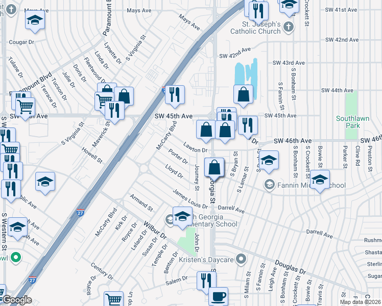 map of restaurants, bars, coffee shops, grocery stores, and more near 2807 Lawton Drive in Amarillo