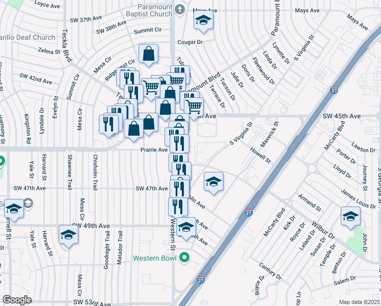 map of restaurants, bars, coffee shops, grocery stores, and more near 4120 Prairie Avenue in Amarillo