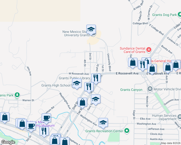 map of restaurants, bars, coffee shops, grocery stores, and more near 1204 4th Street in Grants