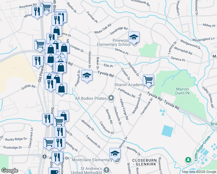 map of restaurants, bars, coffee shops, grocery stores, and more near 5229 Londonderry Road in Charlotte