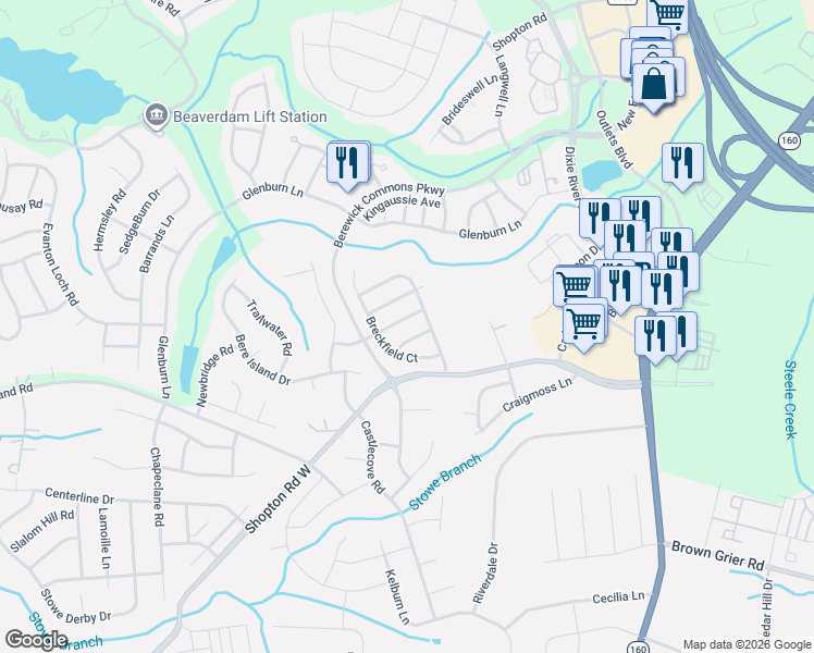 map of restaurants, bars, coffee shops, grocery stores, and more near 10120 Trailmoor Road in Charlotte