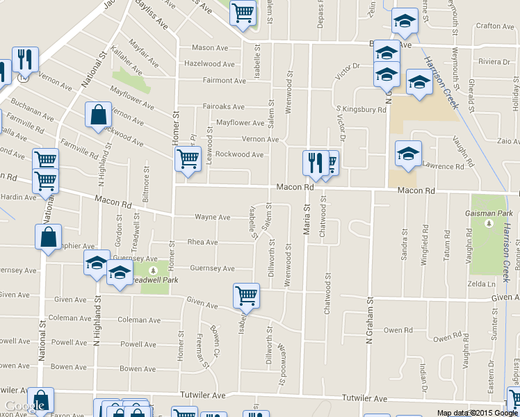 map of restaurants, bars, coffee shops, grocery stores, and more near 3801 Wayne Avenue in Memphis
