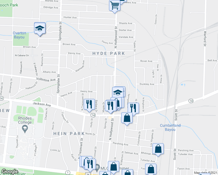map of restaurants, bars, coffee shops, grocery stores, and more near 944 Birch Street in Memphis