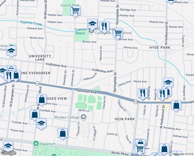 map of restaurants, bars, coffee shops, grocery stores, and more near 2117 Hallwood Drive in Memphis