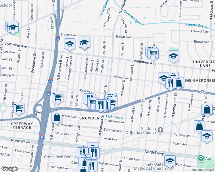 map of restaurants, bars, coffee shops, grocery stores, and more near 826 North Watkins Street in Memphis