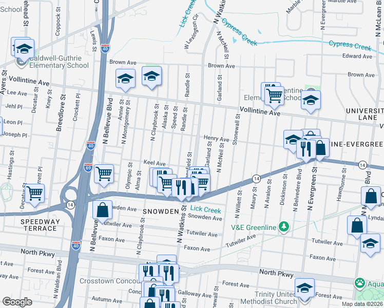 map of restaurants, bars, coffee shops, grocery stores, and more near 826 North Watkins Street in Memphis