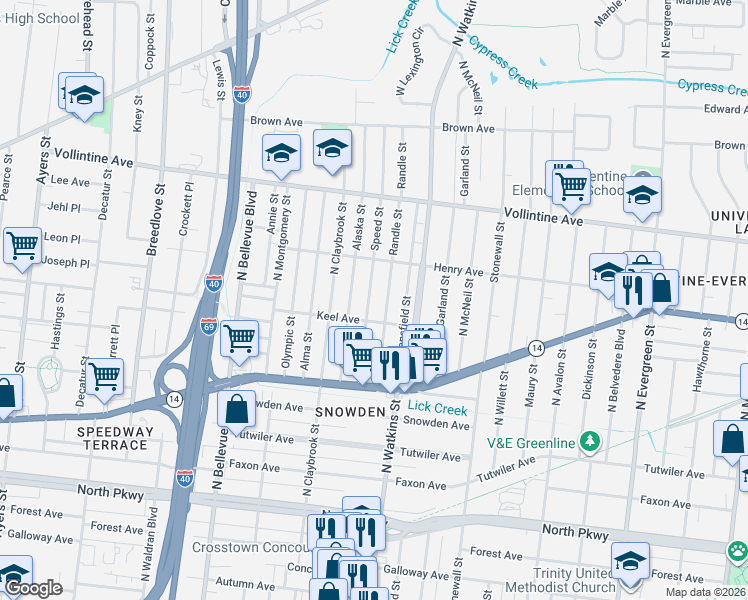 map of restaurants, bars, coffee shops, grocery stores, and more near 832 Alaska Street in Memphis