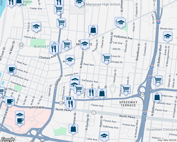 map of restaurants, bars, coffee shops, grocery stores, and more near 765 Leath Street in Memphis