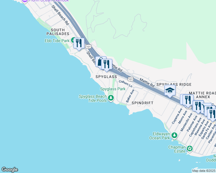 map of restaurants, bars, coffee shops, grocery stores, and more near 2560 Spyglass Drive in Pismo Beach