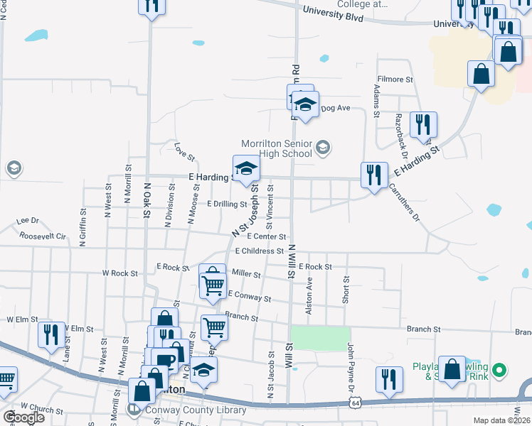 map of restaurants, bars, coffee shops, grocery stores, and more near 409 East Higgins Street in Morrilton