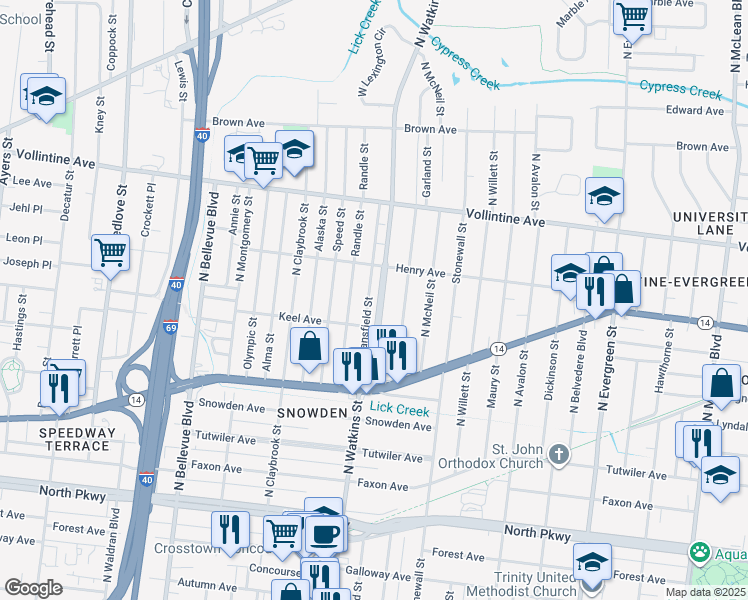 map of restaurants, bars, coffee shops, grocery stores, and more near 826 North Watkins Street in Memphis