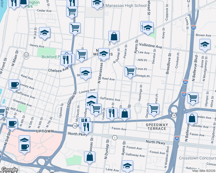 map of restaurants, bars, coffee shops, grocery stores, and more near 765 Leath Street in Memphis