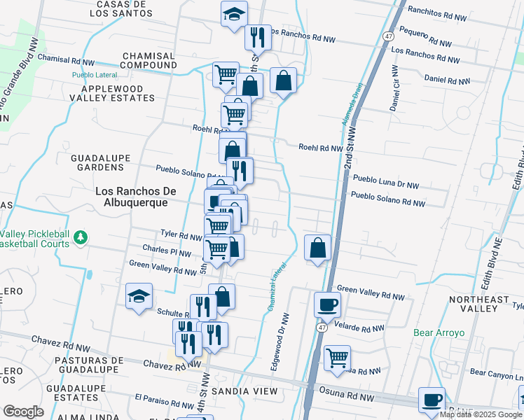 map of restaurants, bars, coffee shops, grocery stores, and more near 6902 4th Street Northwest in Los Ranchos de Albuquerque