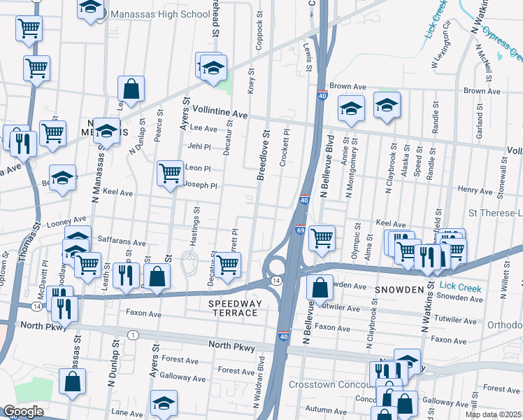 map of restaurants, bars, coffee shops, grocery stores, and more near 790 Breedlove Street in Memphis