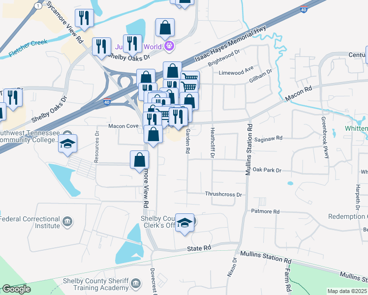 map of restaurants, bars, coffee shops, grocery stores, and more near 1317 Garden Road in Memphis