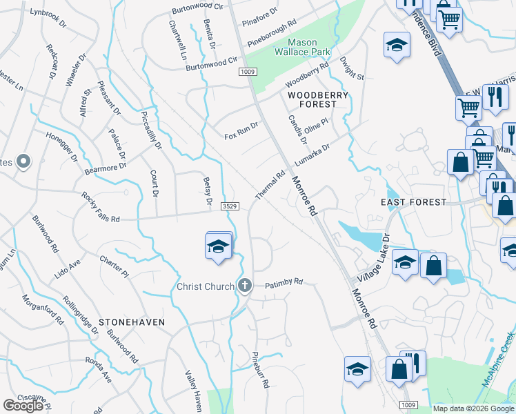 map of restaurants, bars, coffee shops, grocery stores, and more near 6109 Thermal Road in Charlotte