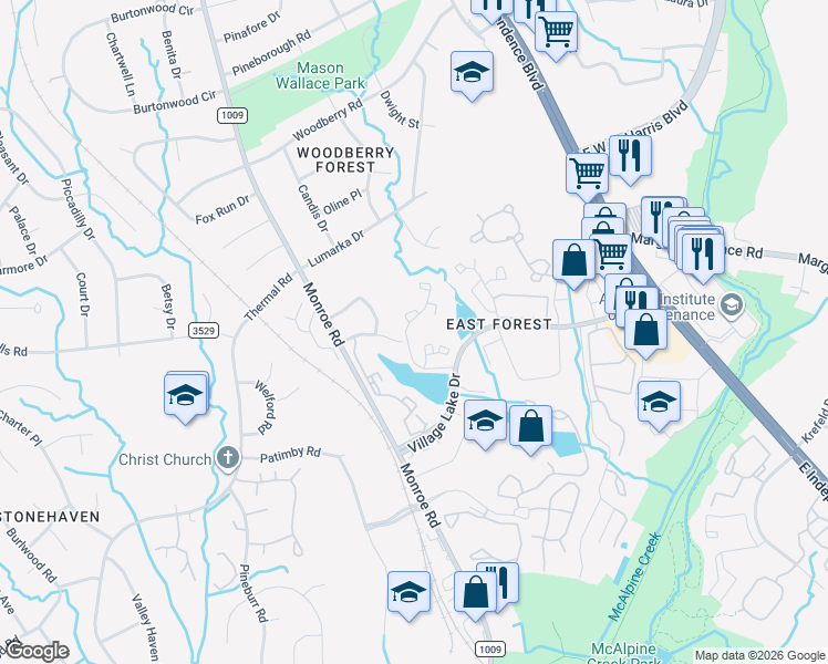 map of restaurants, bars, coffee shops, grocery stores, and more near 1801 Chasewood Drive in Charlotte