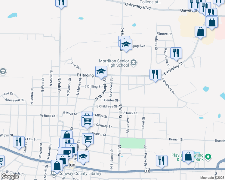 map of restaurants, bars, coffee shops, grocery stores, and more near 409 East Higgins Street in Morrilton