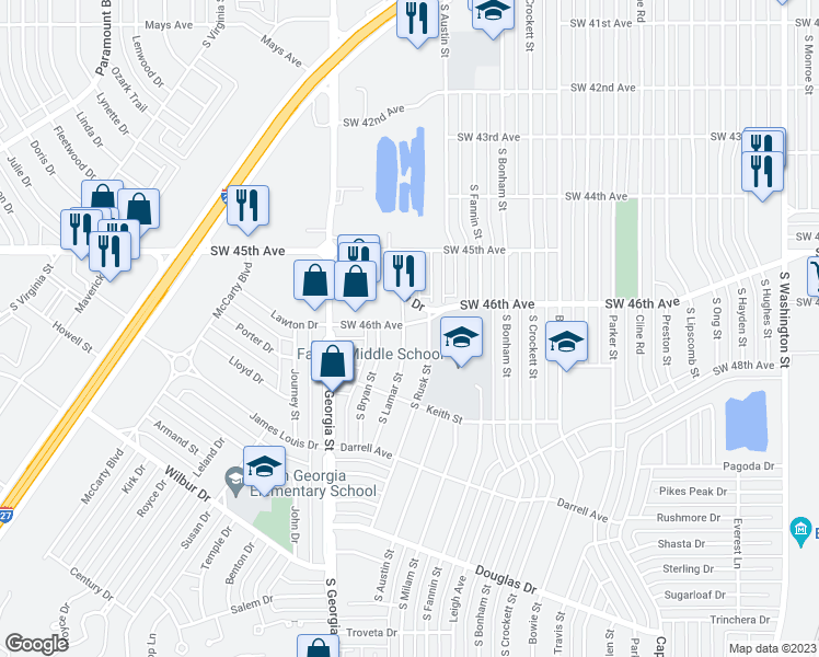 map of restaurants, bars, coffee shops, grocery stores, and more near 4601 South Lamar Street in Amarillo