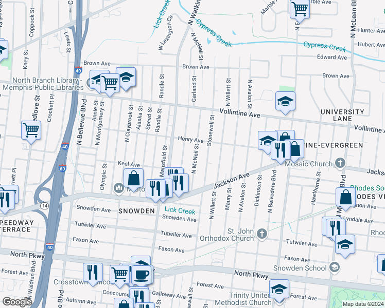 map of restaurants, bars, coffee shops, grocery stores, and more near 825 North McNeil Street in Memphis
