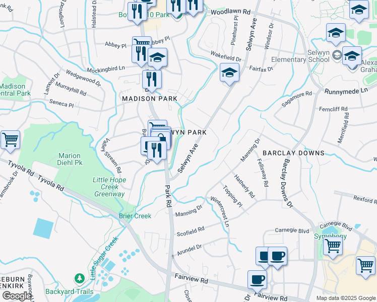 map of restaurants, bars, coffee shops, grocery stores, and more near 3808 Selwyn Avenue in Charlotte