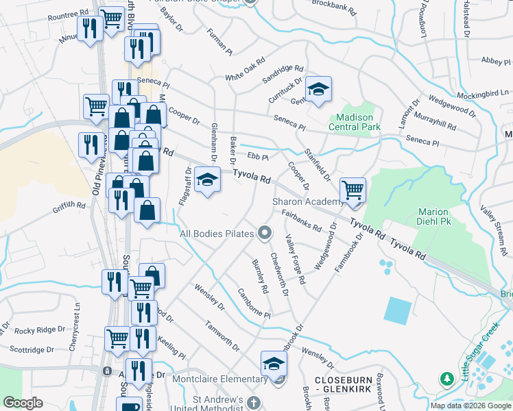 map of restaurants, bars, coffee shops, grocery stores, and more near 5229 Londonderry Road in Charlotte