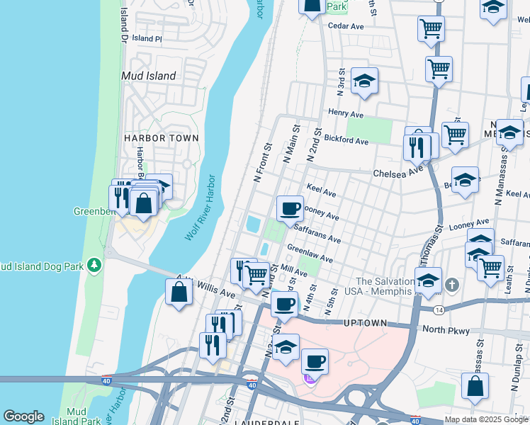 map of restaurants, bars, coffee shops, grocery stores, and more near 611 North Main Street in Memphis