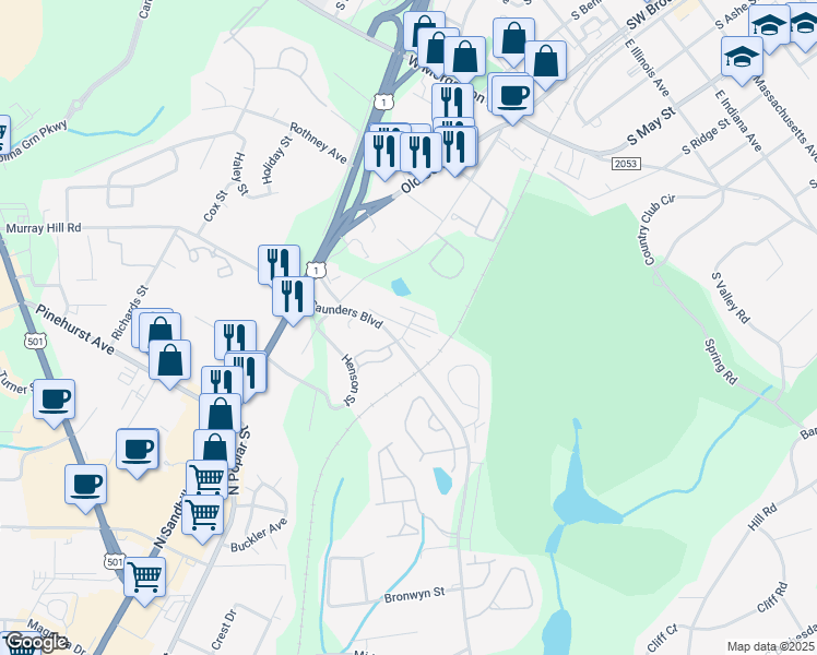 map of restaurants, bars, coffee shops, grocery stores, and more near Guilford Road in Southern Pines