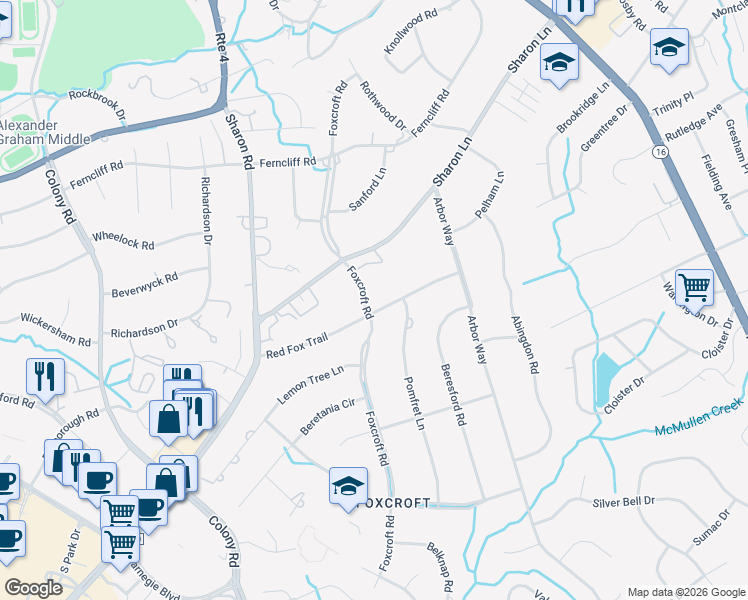 map of restaurants, bars, coffee shops, grocery stores, and more near 2330 Red Fox Trail in Charlotte