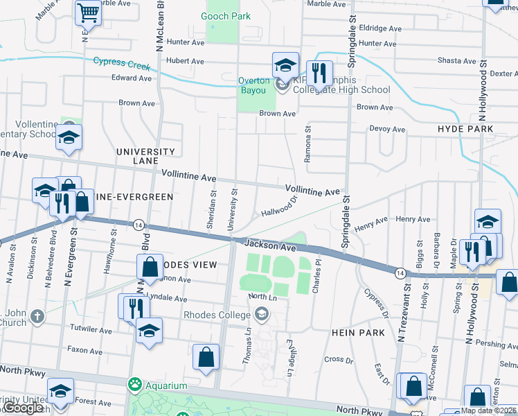 map of restaurants, bars, coffee shops, grocery stores, and more near 2048 Hallwood Drive in Memphis