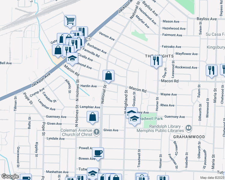 map of restaurants, bars, coffee shops, grocery stores, and more near 3440 Hardin Avenue in Memphis