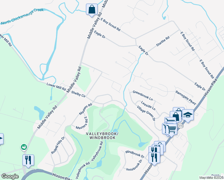 map of restaurants, bars, coffee shops, grocery stores, and more near 1624 Brandi Lane in Chattanooga