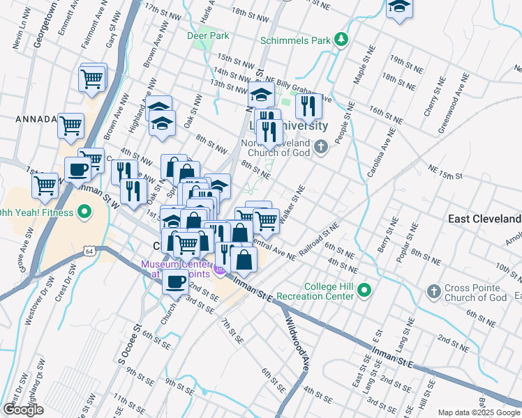 map of restaurants, bars, coffee shops, grocery stores, and more near 560 Parker Street Northeast in Cleveland