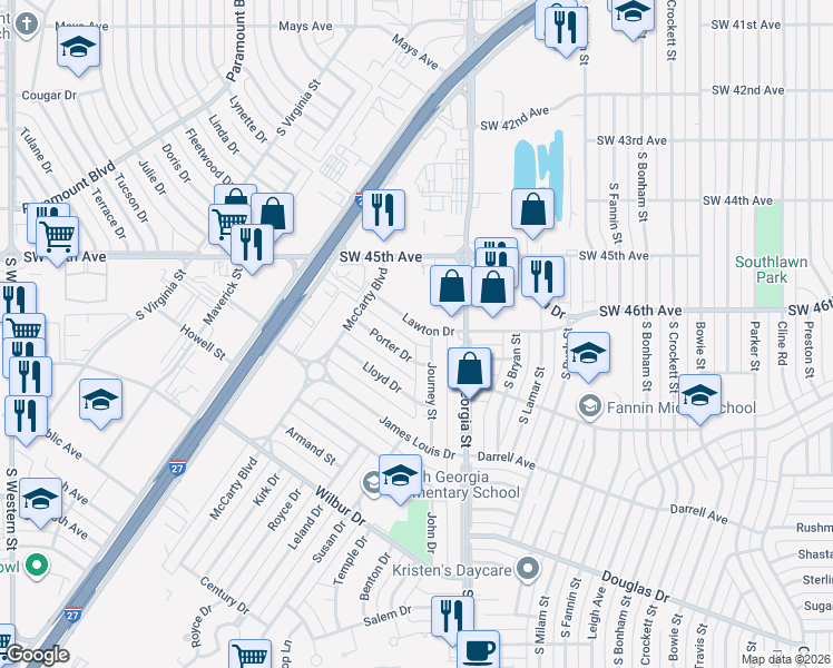 map of restaurants, bars, coffee shops, grocery stores, and more near 2807 Lawton Drive in Amarillo