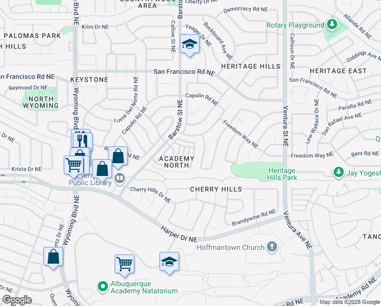 map of restaurants, bars, coffee shops, grocery stores, and more near 7216 Leslynne Drive Northeast in Albuquerque