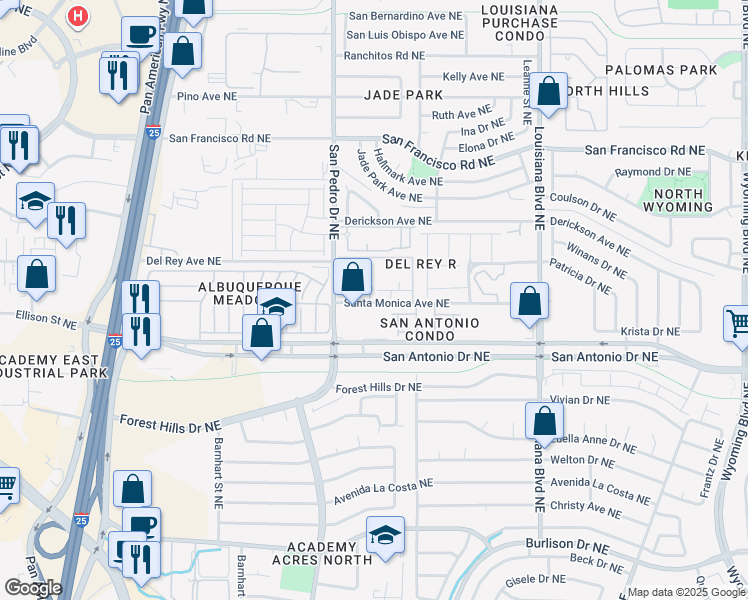 map of restaurants, bars, coffee shops, grocery stores, and more near 6401 Santa Monica Avenue Northeast in Albuquerque