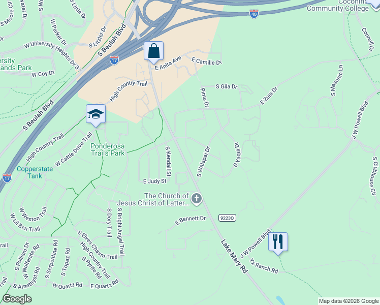 map of restaurants, bars, coffee shops, grocery stores, and more near 4000 Lake Mary Road in Flagstaff