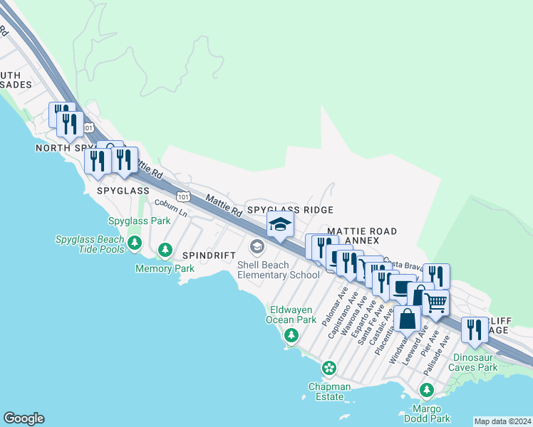 map of restaurants, bars, coffee shops, grocery stores, and more near 2055 Barcelona in Pismo Beach