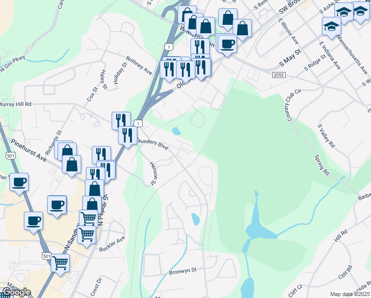 map of restaurants, bars, coffee shops, grocery stores, and more near Guilford Rd in Southern Pines