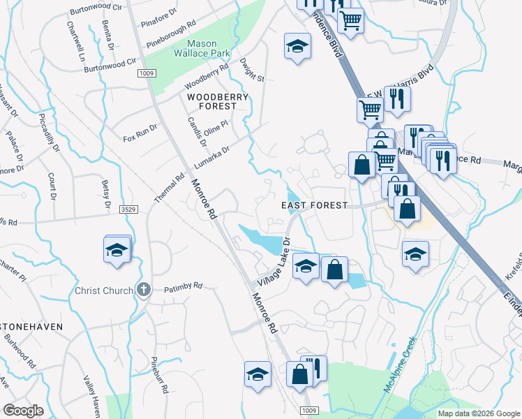 map of restaurants, bars, coffee shops, grocery stores, and more near 1801 Chasewood Drive in Charlotte