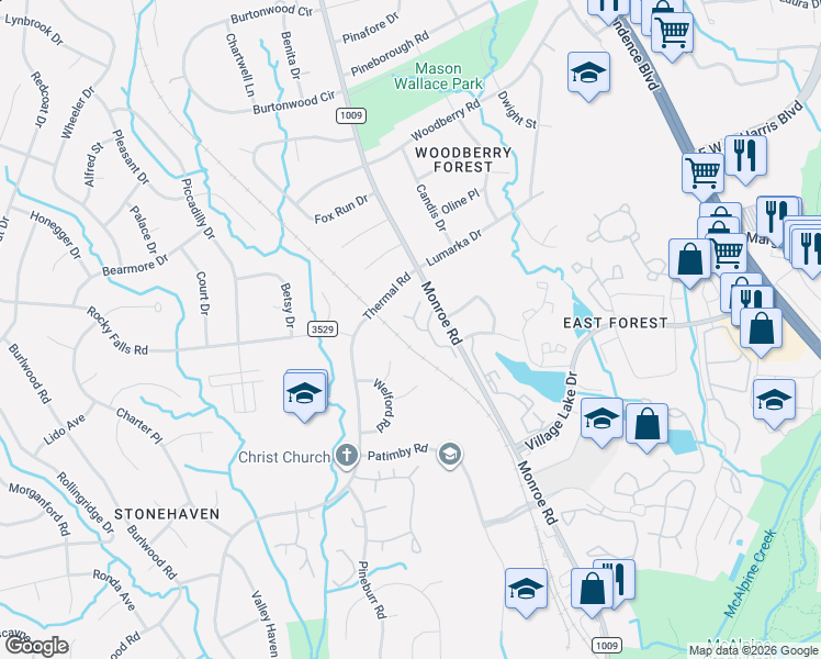 map of restaurants, bars, coffee shops, grocery stores, and more near 7826 Hummingbird Lane in Charlotte
