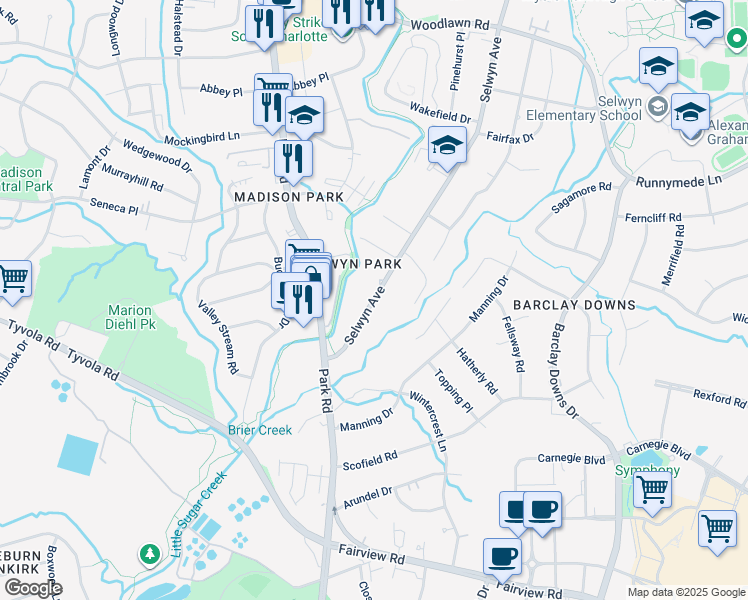 map of restaurants, bars, coffee shops, grocery stores, and more near 3808 Selwyn Avenue in Charlotte