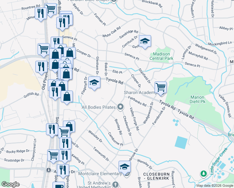 map of restaurants, bars, coffee shops, grocery stores, and more near 5229 Londonderry Road in Charlotte