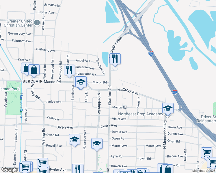 map of restaurants, bars, coffee shops, grocery stores, and more near 1112 Stratford Road in Memphis